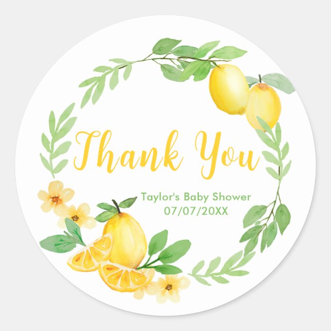 Lemons and Greenery Baby Shower Thank You Classic Round Sticker (Front)