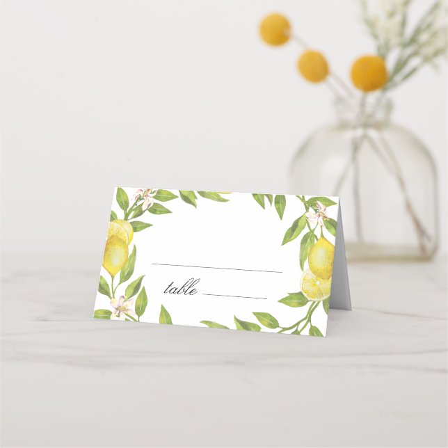 Lemons and Greenery Blossom Wedding Place Card (Front)