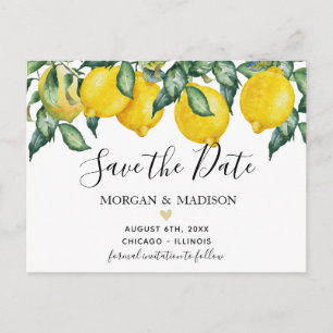 Lemons and greenery save the date postcard
