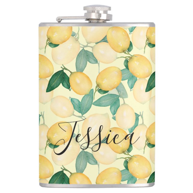 Lemons and Greenery Vinyl Wrapped Hip Flask (Front)
