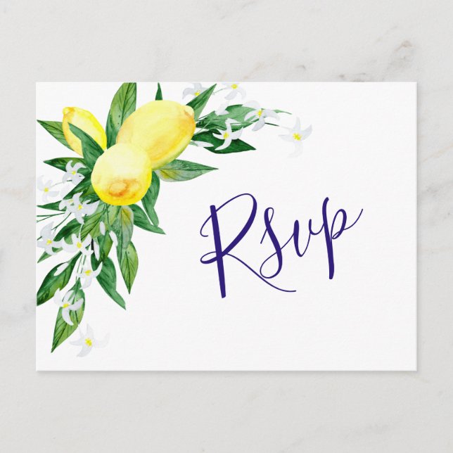 Lemons and Greenery Watercolor Wedding RSVP Postcard (Front)