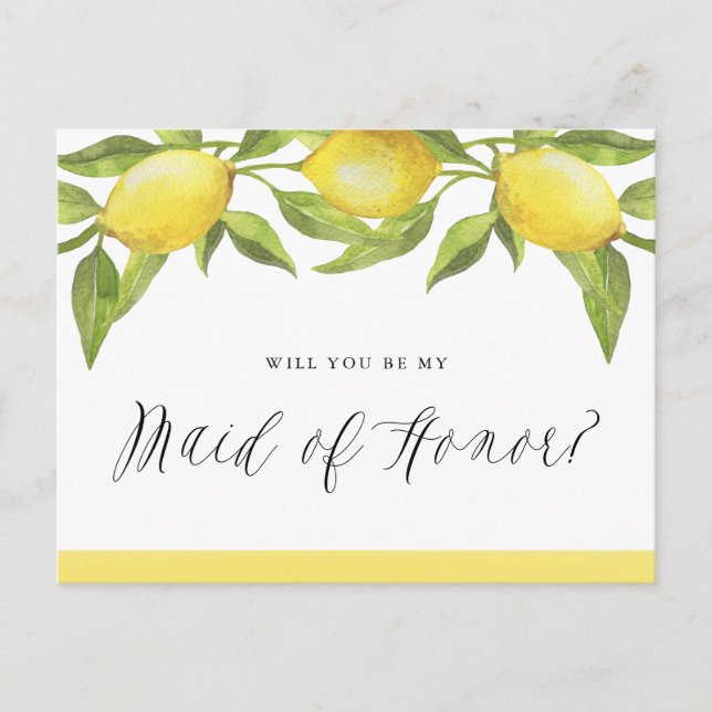 Lemons and Greenery Will You Be My Maid of Honour Announcement Postcard (Front)