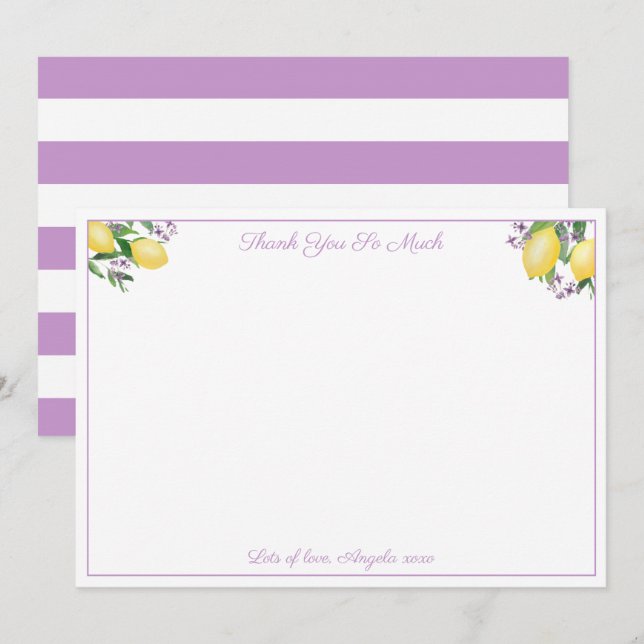Lemons And Lavender Yellow Purple Bridal Shower Thank You Card (Front/Back)