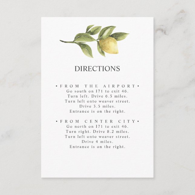 Lemons and leaves | Chic rustic WEDDING Directions Enclosure Card (Front)
