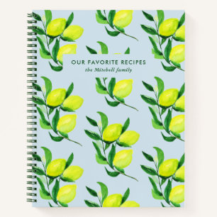 Lemons and Leaves   Light Blue Family Recipes Notebook