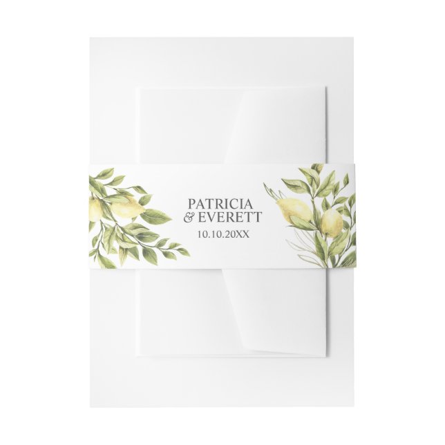Lemons and leaves Monogram names and date Invitation Belly Band (Front Example)