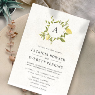 Lemons and leaves   Monogram Watercolor Wedding Invitation
