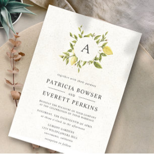Lemons and leaves Monogram Watercolor Wedding Invitation