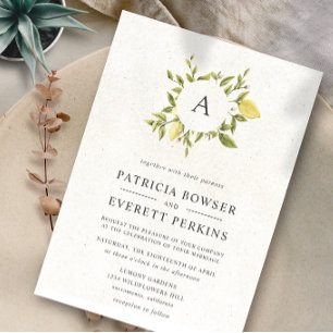 Lemons and leaves   Monogram Watercolor Wedding Invitation