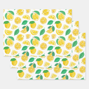 Lemons and Leaves on White Wrapping Paper Sheet