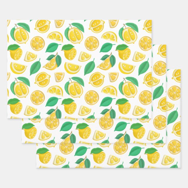 Lemons and Leaves on White Wrapping Paper Sheet (Set)