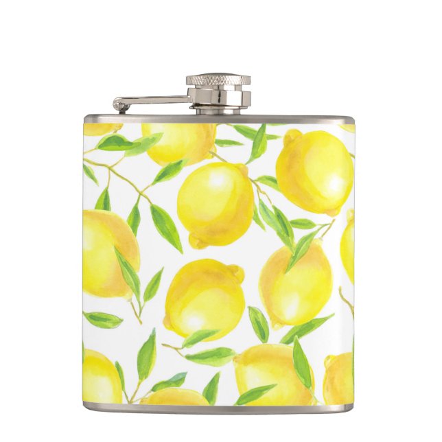 Lemons and leaves  pattern design hip flask (Front)