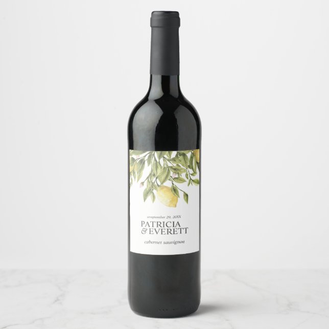Lemons and leaves Personalised Yellow wedding Wine Label (Front)