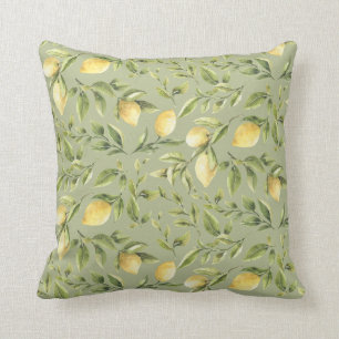 Lemons and Leaves   Sage Green   Bright summer Cushion