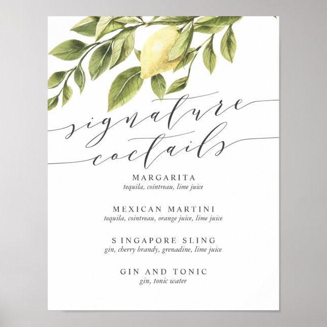 Lemons and Leaves  Signature Cocktail Menu Sign (Front)