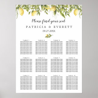 Lemons and leaves Summer Botanical wedding seating Poster