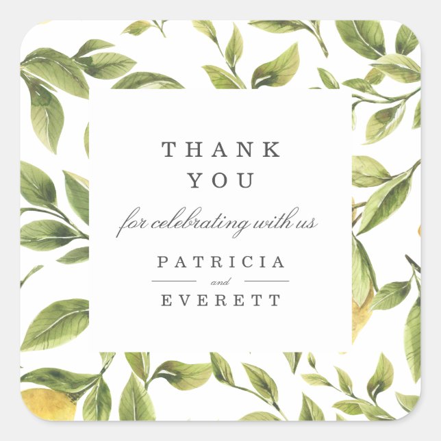 Lemons and leaves thank you personalised wedding square sticker (Front)