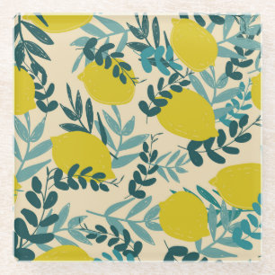 Lemons and leaves, vintage background. glass coaster