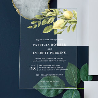 Lemons and leaves watercolor botanical wedding acrylic invitations