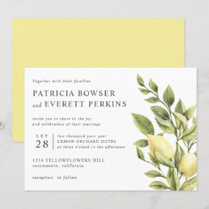 Lemons and leaves watercolor botanical wedding invitation
