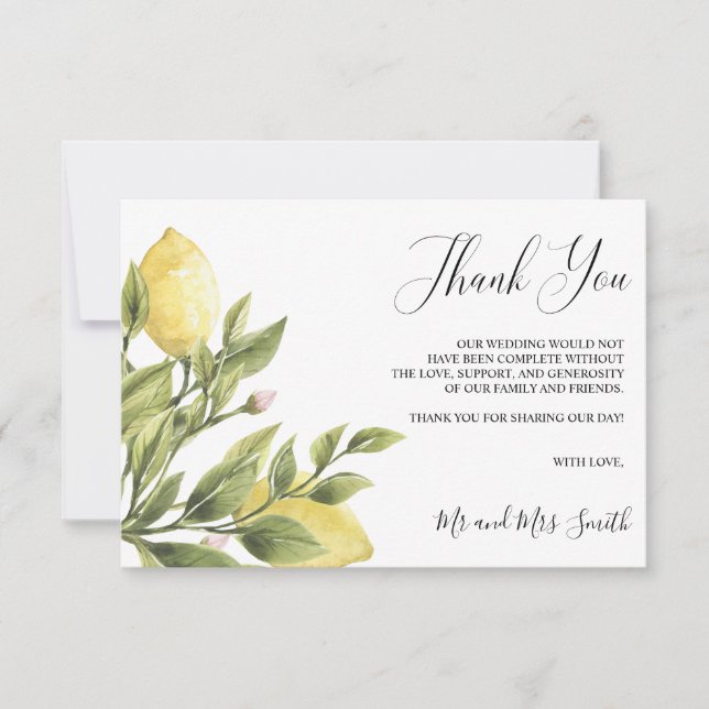 Lemons and leaves wedding photo tank you thank you card (Front)