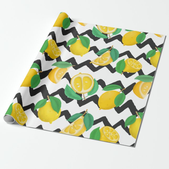 Lemons and Leaves with Black Chevron Wrapping Paper (Unrolled)
