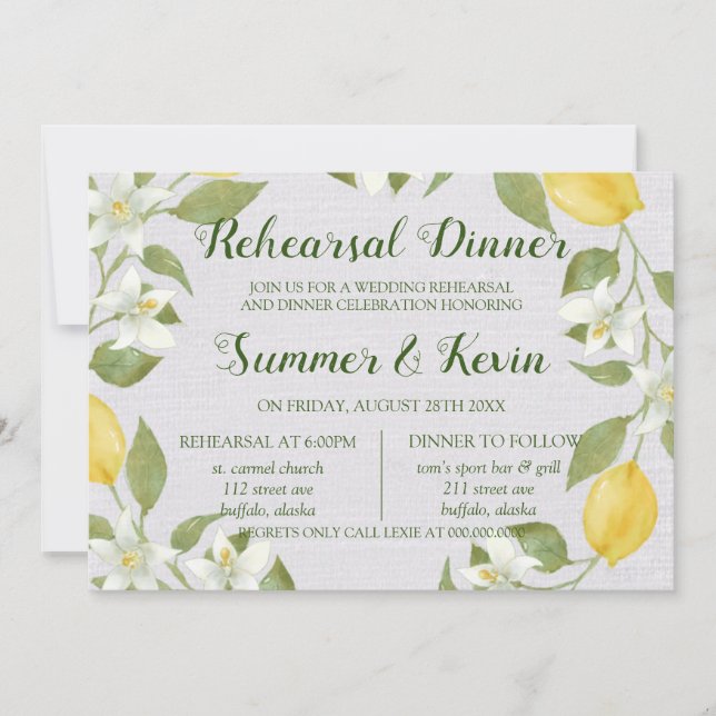 Lemons and Linen Watercolor Rehearsal Dinner  Invitation (Front)