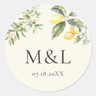 Lemons and Olives Nature Wedding Envelope Classic Round Sticker