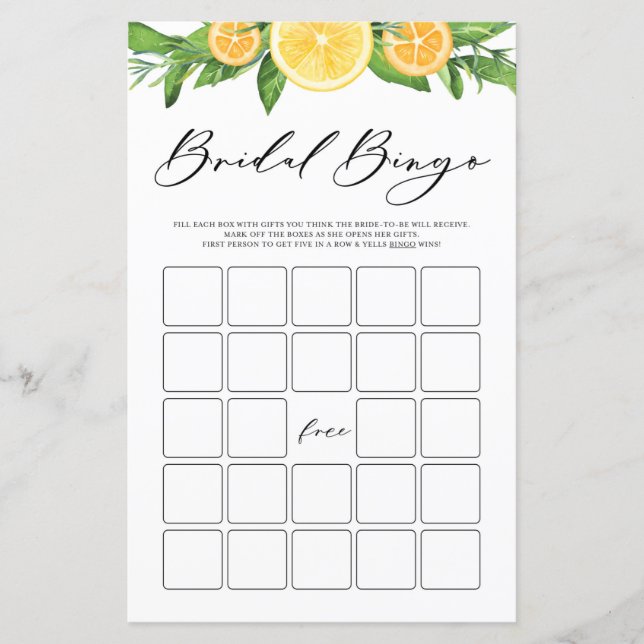 Lemons and Oranges Summer Bridal Shower Bingo Game (Front)