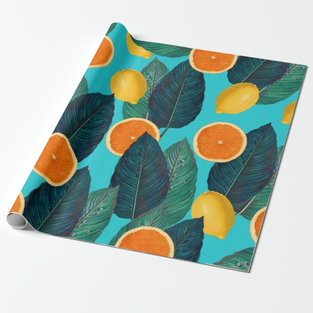 lemons and oranges teal wrapping paper (Unrolled)
