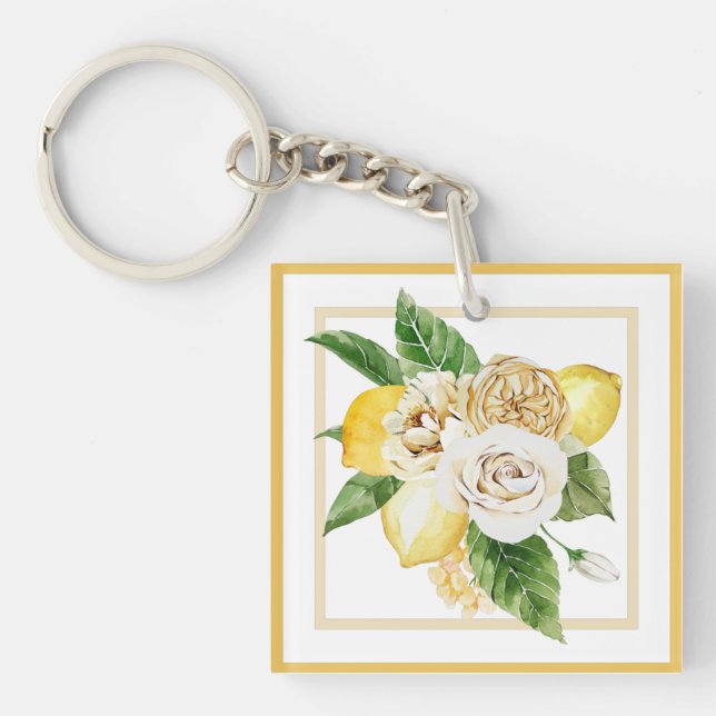 Lemons and roses in yellow frames key ring (Front)