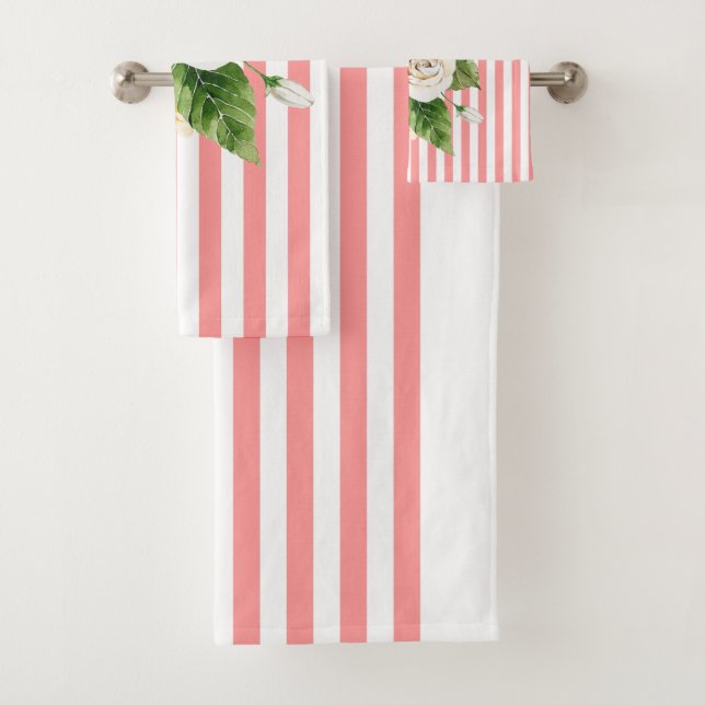 Lemons and roses on pink stripes bath towel set (Insitu)