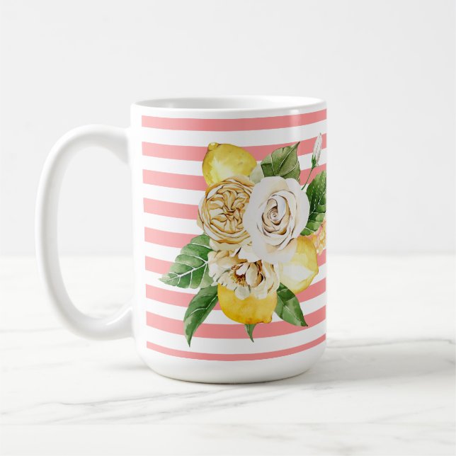 Lemons and roses on pink stripes coffee mug (Left)