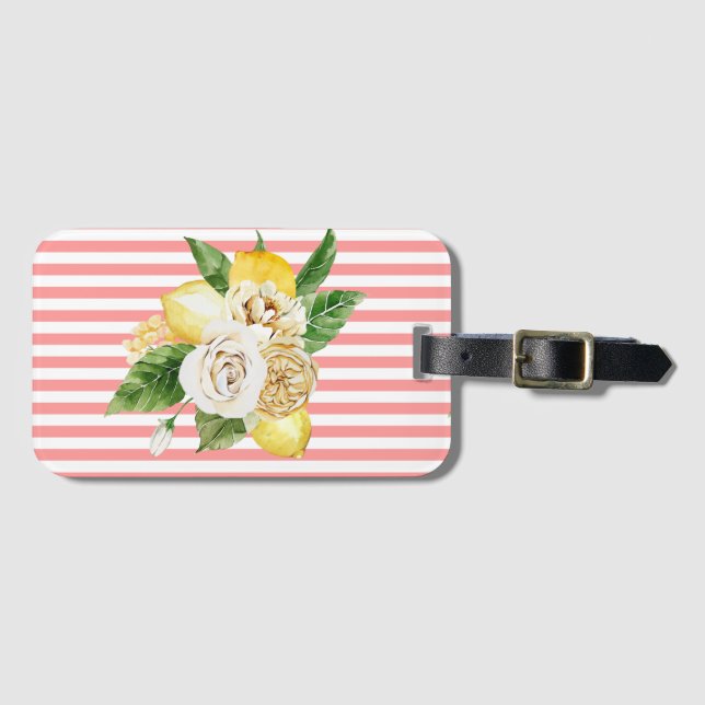 Lemons and roses on pink stripes luggage tag (Front Horizontal)