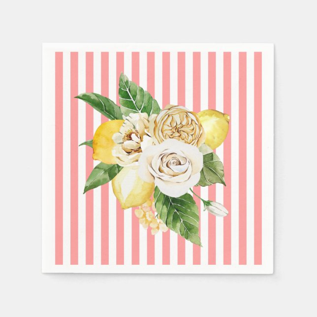 Lemons and roses on pink stripes napkin (Front)