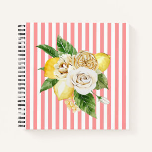 Lemons and roses on pink stripes notebook
