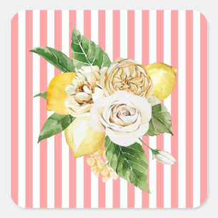 Lemons and roses on pink stripes square sticker