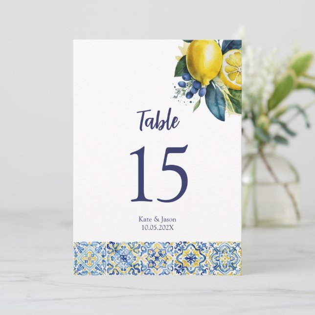 Lemons and tiles Personalised wedding Table Number (Standing Front)