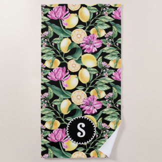 Lemons and Tulips Floral Pattern Citrus Monogram Beach Towel