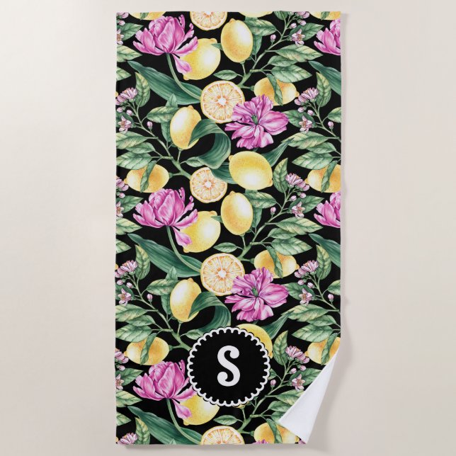Lemons and Tulips Floral Pattern Citrus Monogram Beach Towel (Front)