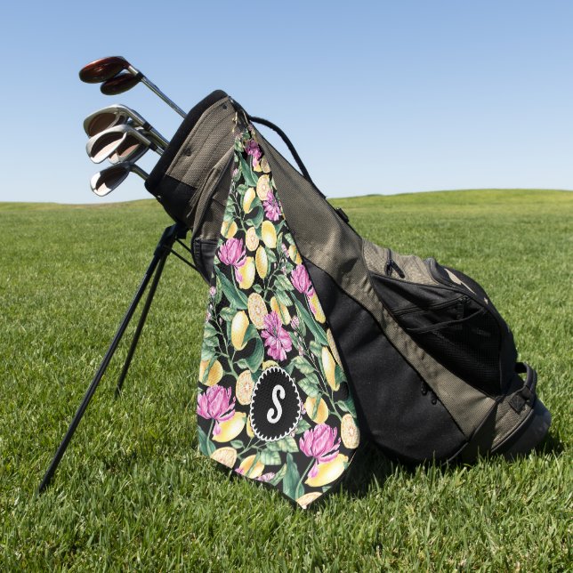 Lemons and Tulips Floral Pattern Citrus Monogram Golf Towel (Green)