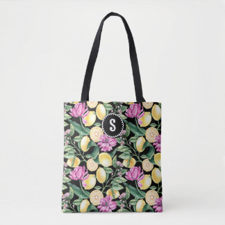 Lemons and Tulips Floral Pattern | Citrus Monogram Tote Bag