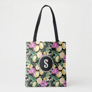 Lemons and Tulips Floral Pattern   Citrus Monogram Tote Bag