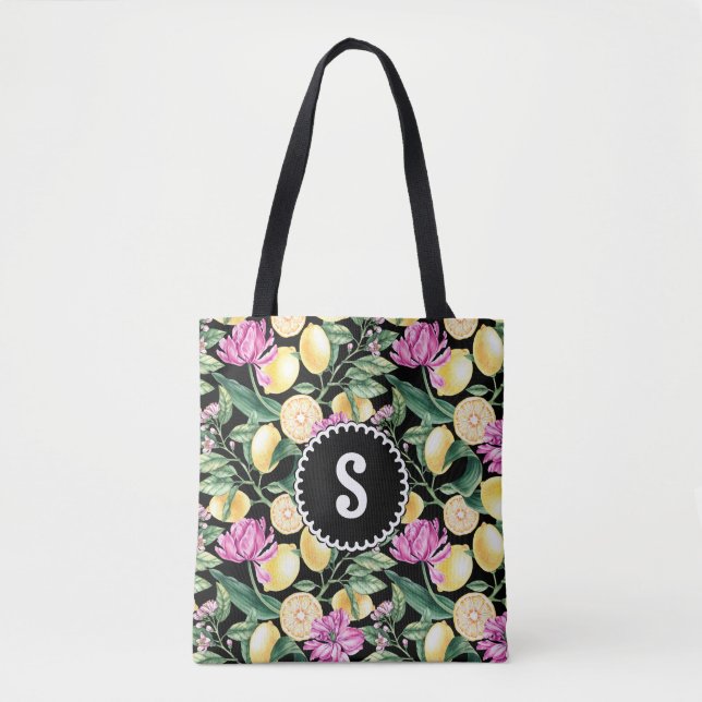 Lemons and Tulips Floral Pattern | Citrus Monogram Tote Bag (Front)