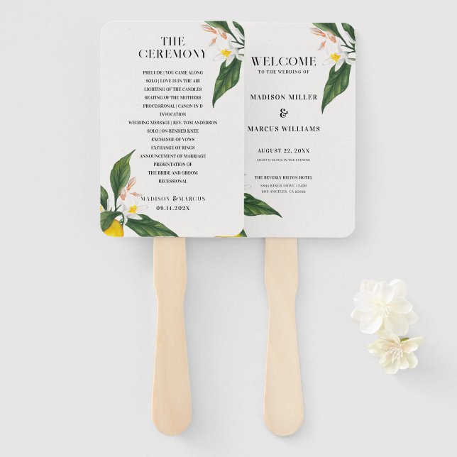 Lemons and White Flowers Blossom Hand Fan (Front and Back)
