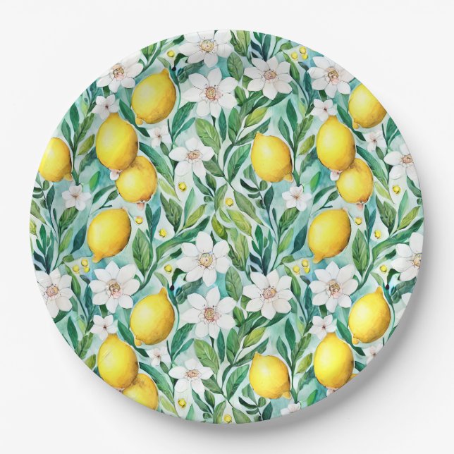 Lemons and White Flowers - French Country Decor Paper Plate (Front)