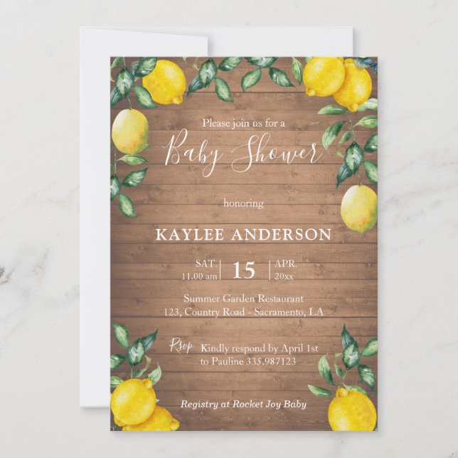 Lemons and wood rustic Baby shower invitation card (Front)