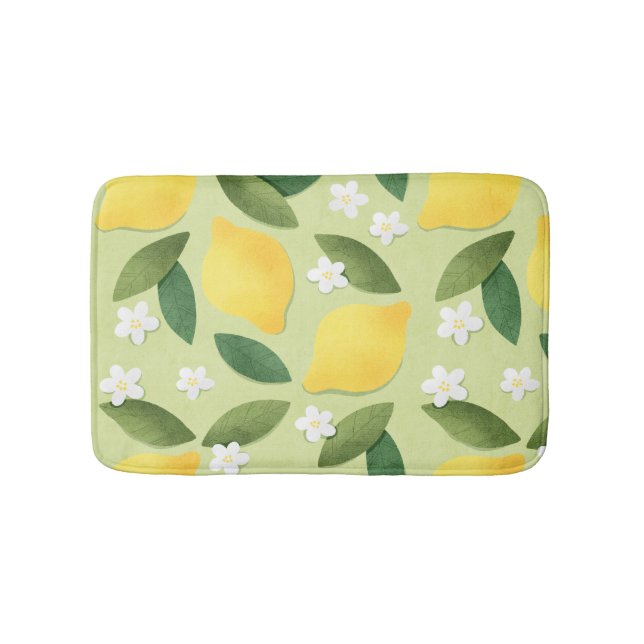 Lemons ans White Flowers on Green Background Bath Mat (Front)