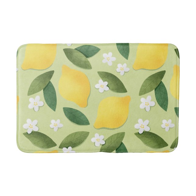 Lemons ans White Flowers on Green Background Bath Mat (Front)