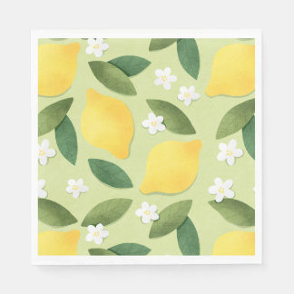 Lemons ans White Flowers on Green Background Napkin